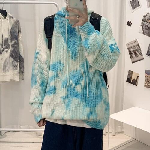 Top Quality Tie-dye Sweaters Men New Fashion Loose Hooded Knitwear Autumn Winter Harajuku Oversized Sweaters Pullover Blue/Gray