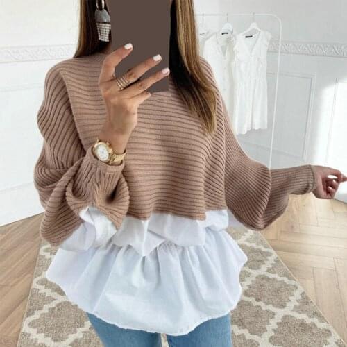 Women T-shirts Lantern Sleeve Pachwork Sweatshirts Autumn Spring Casual Pullover Jumper Tops Streetwear Loose Tops Tee Plus Size