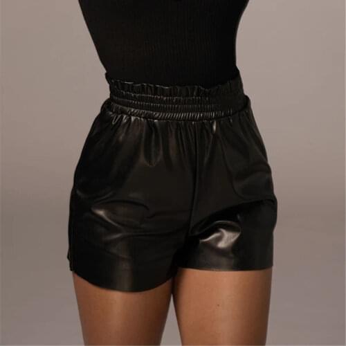 2021 New Office Lady Spring PU Leather Shorts Sexy Slim Femme Beach Outfits Elastic Waist Women Black Pockets Outwear G2360