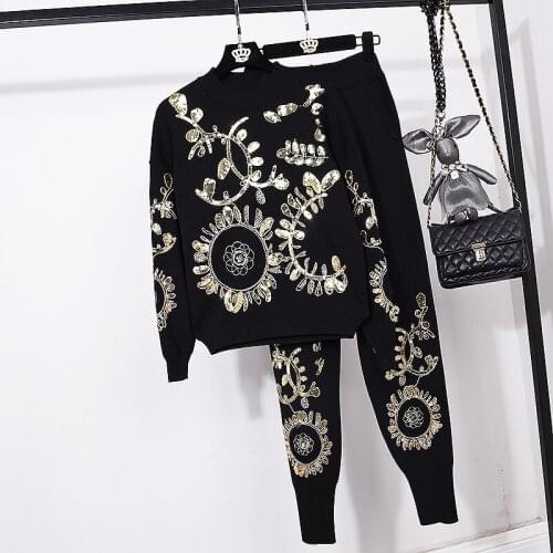 2020 Autumn Winter New Fashion Women Gold Leaf Flower Embroidery Sequin Knitted Sweater Casual Trousers Women Two Piece Outfits
