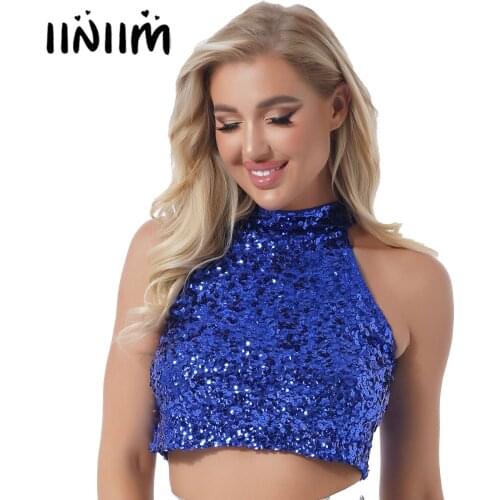 Womens Sparkling Sequin Mock Neck Crop Top Ladies Fashion Glitter Sleeveless T-shirt Clubwear Dance Costume for Night Club