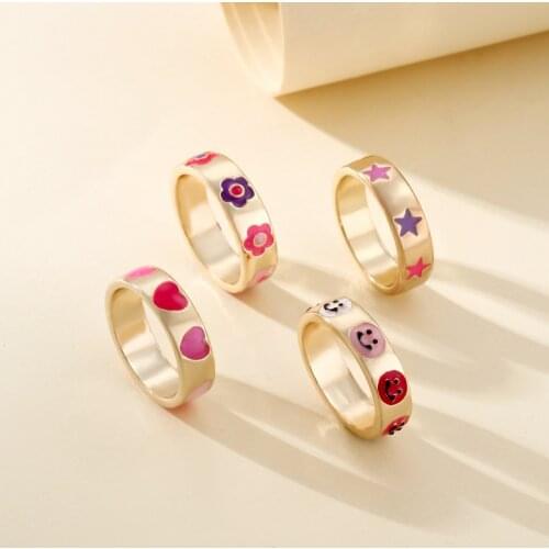 Lost Lady European And American Fashion Ins Simple And Fun Aesign Ring Cute Smiley Star Flower Metal Ring Party Jewelry