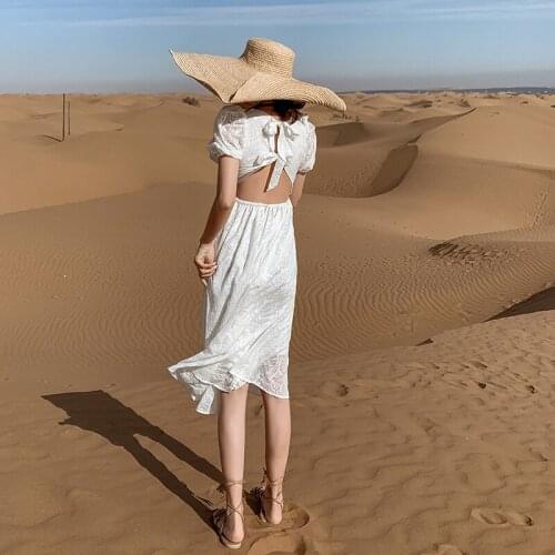 Women Midi White Backless Dress Summer 2021 Runway Elegant Boho Vintage Korean Fairy Casual Honeymoon Vacation Party Night Dress