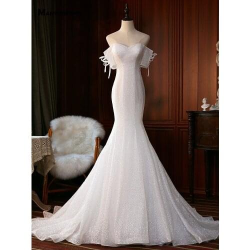 Elegant Shiny Boat Neck Lace Up Back Mermaid Wedding Dress for Women 2021 New Arrival Chapel Train Off the Shoulder Bridal Gown