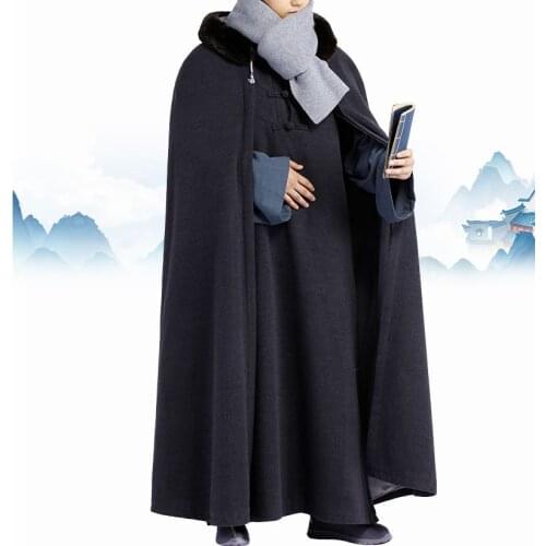 Winter warm lay meditation cloak zen monks uniforms shaolin monk robe cape Buddhist kung fu clothing blue/grey/red