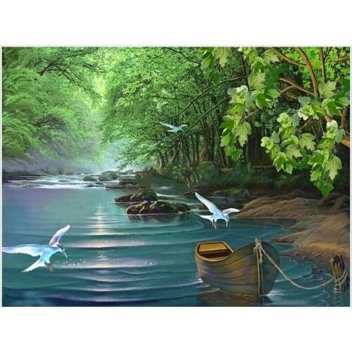 Diy 5D Diamond Cross Stitch Embroidery Mosaic Forest Lake Painting Rhinestone Scenery Picture Wall Art Home Handmade Decoration
