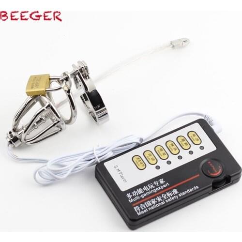 BEEGER, Bipolar Chastity Cage Electroplug, Male Electro Chastity Devices Cock Cage Electric Sex Electrical Stimulation