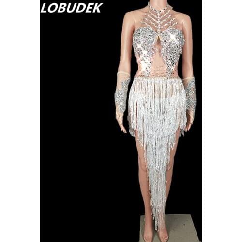 Sparkly Silver Rhinestones Tassels Bodysuit Bar Nightclub Female Singer DJ Dance Team Sexy Costume Dancer Performance Stage Wear