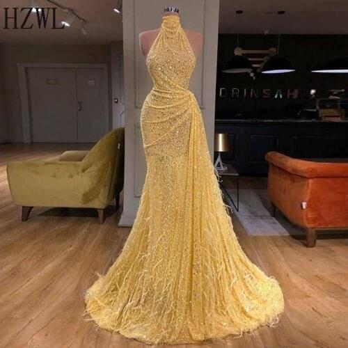 Sparkling Light Yellow Sequined Feather Evening Dresses 2020 Look Slim Design Ruffles Prom Gown Formal Party Dress vestido Robe