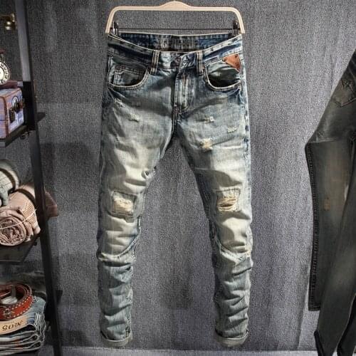 European Street Fashion Men Jeans Retro Distressed Washed Slim Fit Ripped Jeans Men Vintage Designer Hip Hop Denim Punk Pants