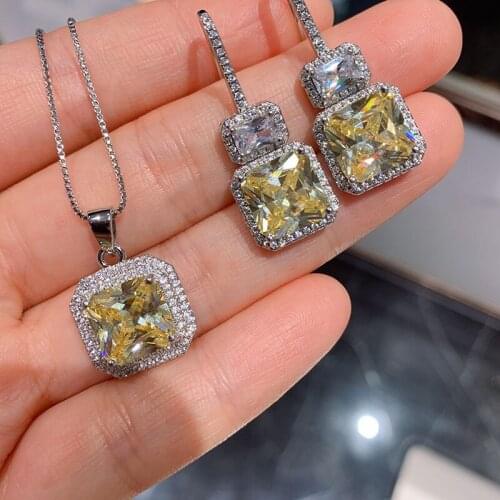 Funmode 2PCS Trendy Square Shape Yellow CZ Pendant Necklace Jewelry Sets For Women Wedding Party Gifts Pendientes Wholesale FS45