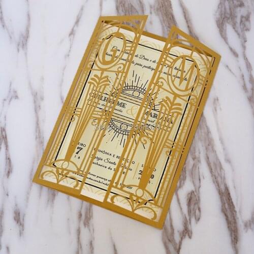 Customized Monogram Golden Lasercut Gate Laser Cut Wedding Invitation, personalized printed folded cards