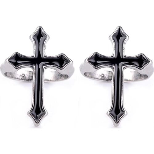 2 Pcs Vintage Black Big Cross Open Ring Trendy Gothic Metal Color Finger Ring Men Women Party Jewelry Gifts
