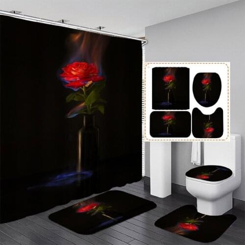 3D Black Bright Rose Pattern Bathroom Set Shower Curtain Non-slip Cushion Toilet Cushion U-shaped Cushion Bathroom Essential