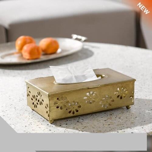Solid Copper Tissue Box Pure Copper High End Metal Flower Carved Decor Storage Box Gold