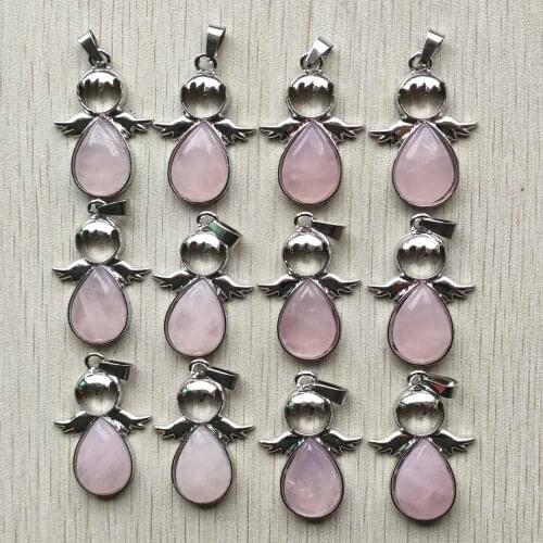 Fashion natural roses quartz stone alloy angel shape pendants for Necklace jewelry making Wholesale 12pcs/lot free shipping