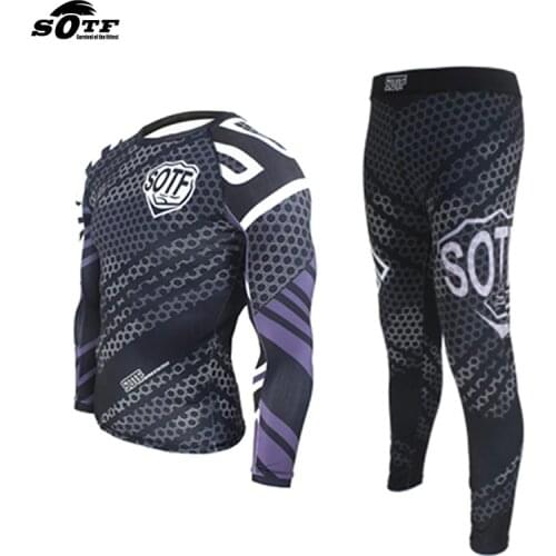 Men Muay Thai MMA Fightwear Boxing Set Compression Jersey Pants Hexagon Print Rashguard KickBoxing Tight Long T-Shirt Trousers