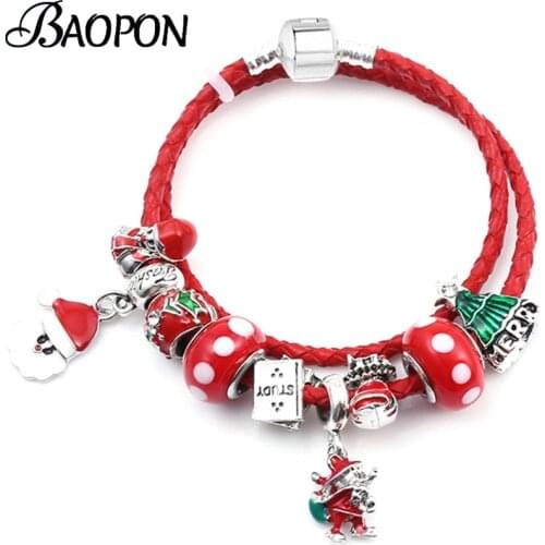 2021 New Xmax Style Silver Plated Charm Bracelet Santa Claus Beads Sparkling Leahther Chain Bracelet For Women Christmas Jewelry