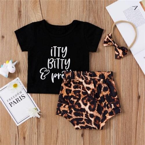 Toddler Girl Clothes Letter Short Sleeve Tops Triangle Short Headband Leopard Print Outfits Clothing