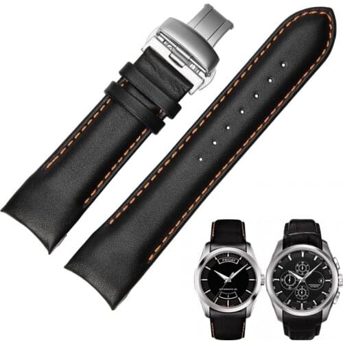 24mm(Buckle 22mm) T035627A/T035614A Butterfly Buckle Orange Stitched Black Smooth Genuine Leather Watchband For T035617 Straps