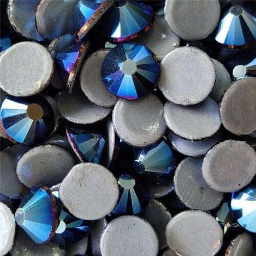 Top Quality Metallic blue Hot fix Rhinestones Super glitter Glass Strass Iron On stones For Fabric garment/Clothes DIY