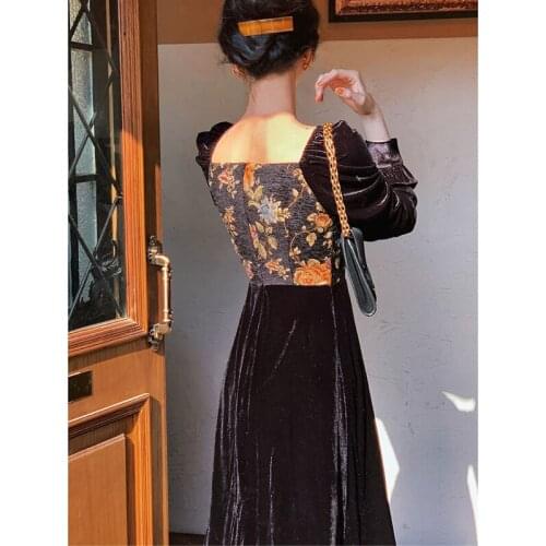 Vintage Velvet Black Dress Lady Square Collor Long Sleeve Eveing Party Midi Dress Women Casual One Piece Dress Korea 2021 Autumn