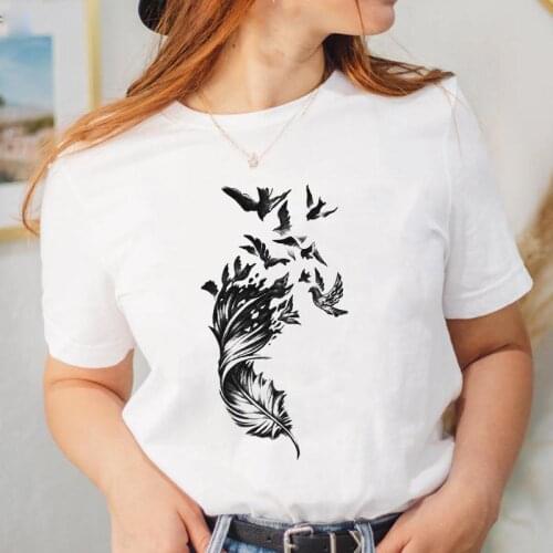 Women Tee Fashion Short Sleeve Feather Vintage Style 90s T Shirt Female Cartoon Top Ladies Graphic Sweet T-shirt Clothing