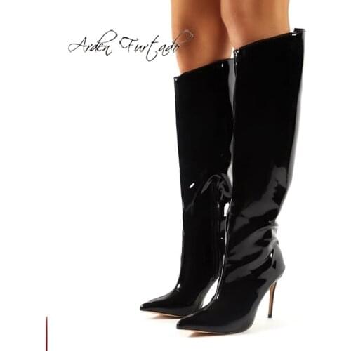 Arden Furtado 2021 Fashion Winter Pointed Toe Womens Stilettos Heels Zipper silver Stilettos Heels Knee High Boots 42 43