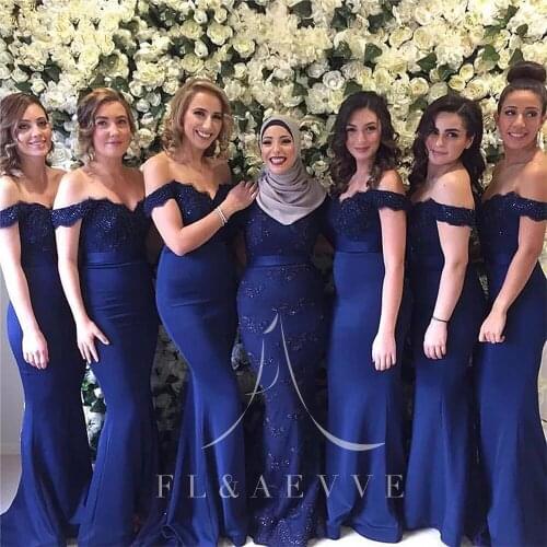 Vintage Royal Blue Satin Mermaid Bridesmaid Dresses Appliques Off the Shuoulder Wedding Party Gowns Plus Size Women Prom Gowns