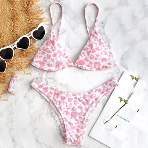 Sexy Bikini Women Leopard Print Push-Up Padded Bra Beach Bikini Set 2020 Swimsuit Beachwear Swimwear Triangle Strap Biquini Pink