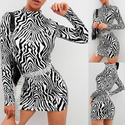 Sexy Zebra Striped Dress Women Bodycon Long Sleeve Clubwear Print Turtleneck Slim Dress Evening Party Mini Pencil Dress
