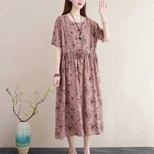 Floral Dress 2021 New Loose Women Travel Casual Summer Dress Patchwork Soft Cotton Draw String Slim Office Lady Work Dress