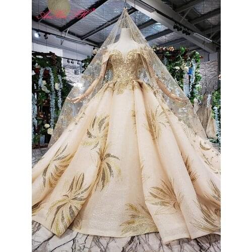 AnXin SH Luxury princess golden champagne flower lace beading crystal dubai boat neck ball gown wedding dress 100% real photo