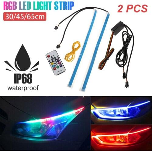 2Pcs Flexible Car LED Light Strip(3 Sizes) Daytime Running Lights RGB Waterproof Turn Signal Lights with Remote Control