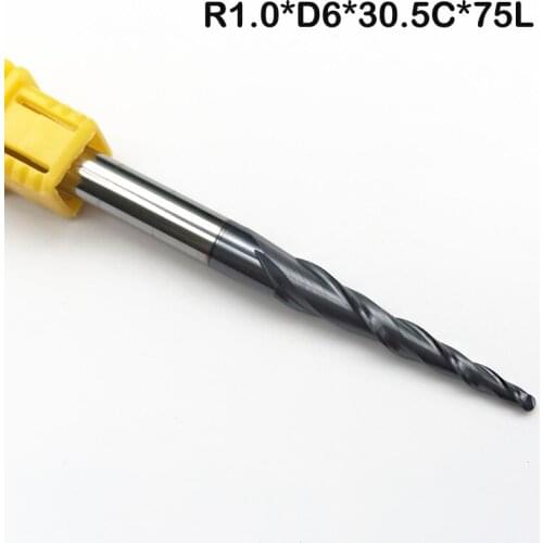 2pcs/lot HRC55 Tungsten solid carbide NANO Coated Tapered Ball Nose End Mills taper and cone CNC endmills R1.0*D6*30.5*75L*2F