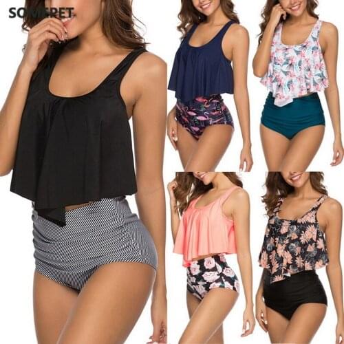 2021 Sexy Women Bikinis Set Ruffle Floral Printed Swimsuit Push Up High Waist Retro Biquini Plus Size Mujer Swimwear