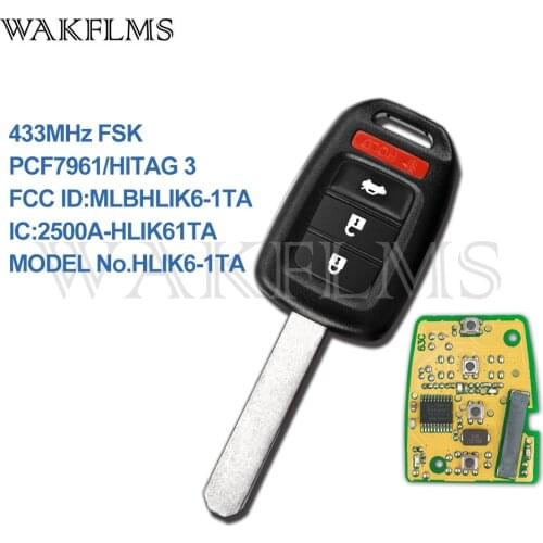 4btn remote Key fob 433MHZ For Honda Accord Civic CRV 2016 2017 with PCF7961 HITAG 3 Chip MLBHLIK6-1TA with G Dot No Mark