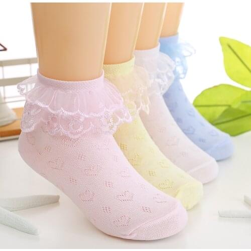 5 Pairs/Lot Girls Socks Summer Lace Ruffles Ankle Socks Cotton Baby Socks Trendy Elastic White Children Princess Socks