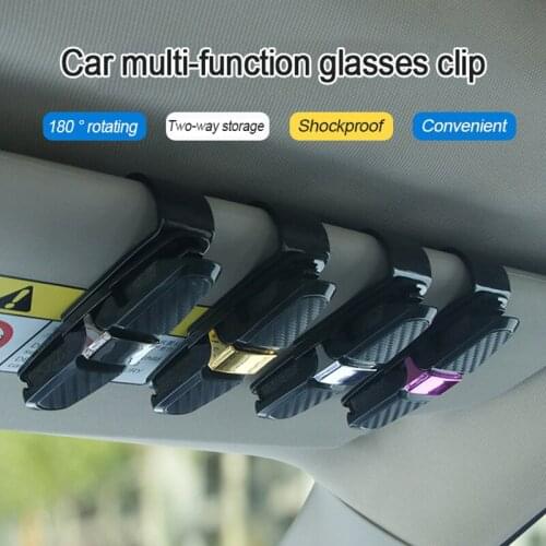 Carbon Fiber Car Multi-function Glasses Holder Sunglasses Holder Car Card Holder Bill Storage Holder 180° Rotation Car Supplies
