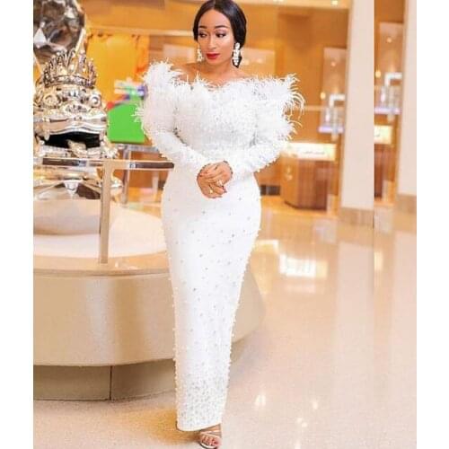 White South African Evening Dresses Sheath V-neck Long Sleeves Pearls Feather Nigeria Saudi Arabic Evening Gown Prom Dress
