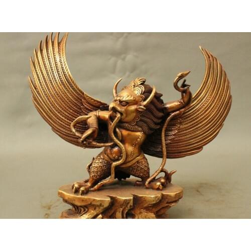 Free shipping 12" Folk Chinese Bronze Redpoll Winged Garuda Bird Eagle Buddha Statue Sculpture