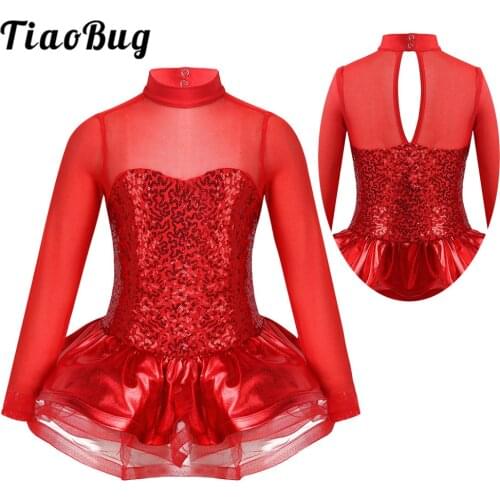 TiaoBug Kids Sequins Long Sleeves Gymnastics Leotards for Girls Ballet Tutu Dress Figure Skating Stage Performance Dance Costume