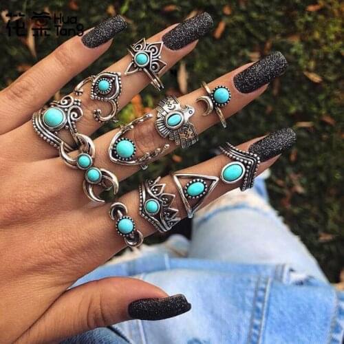 HuaTang Bohemian Antique Silver Color Ring Geometric Green Rhinestone Ring Sets for Women Girl Midi Finger Knuckle Rings Jewelry