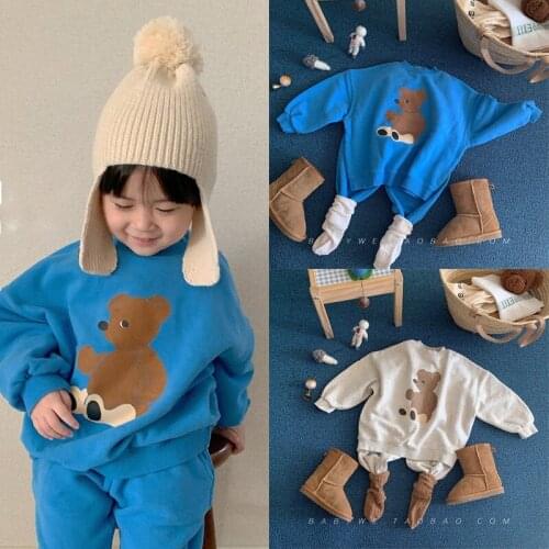 2021 Children Spring Autumn Korean Fashion Cartoon Bear Cotton Sweater Casual Suit Boys Grils Clothes Set Kids Clothes Girls