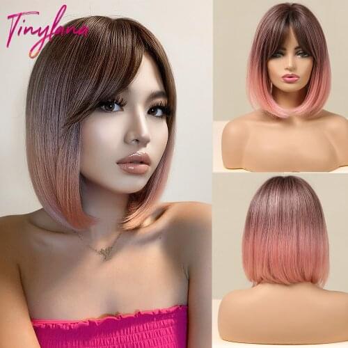 TINY LANA Short Bobo Wigs Omber Brown Root Pink Synthetic Wigs with Side Bangs Cosplay Daily Party Use Hair Wigs for White Women
