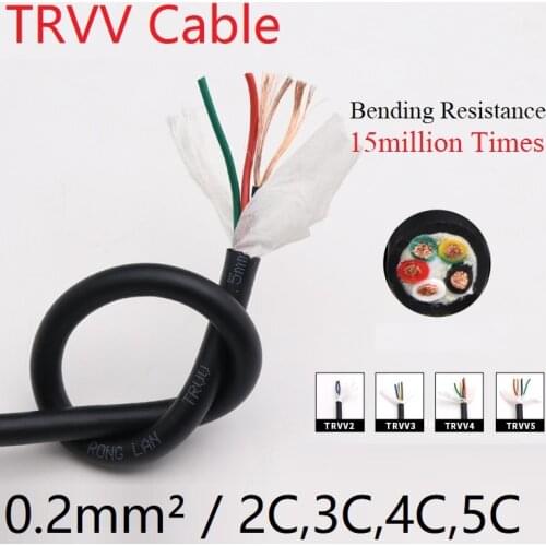 Square 0.2mm TRVV Towline Cable 2 3 4 5 Core Sheath Copper Wire Soft PVC Insulated Power Drag Chain Line Bend Resistance Black