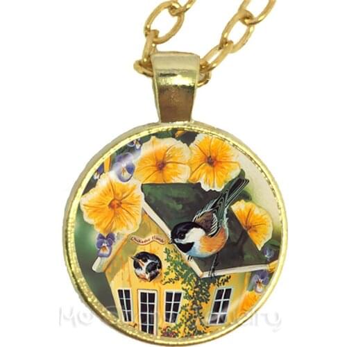 Fashion Bird Art Painting Picture Necklace 25mm Glass Cabochon Animal Pendant For Women Men Sweater chain Accessories