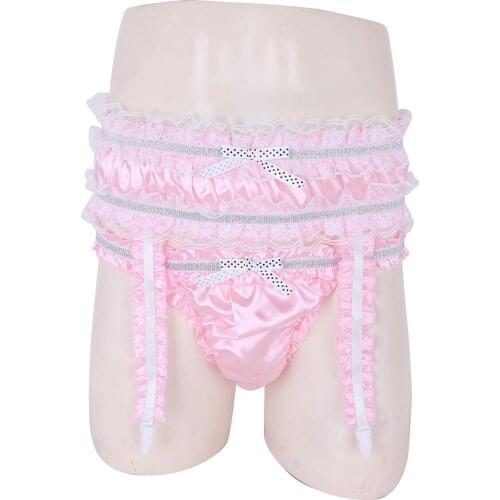 Mens Sexy Lingerie Briefs Panties 2021 Soft Shiny Satin Ruffled Frilly Low Rise Stretchy Sissy Bikini Underwear with Garters