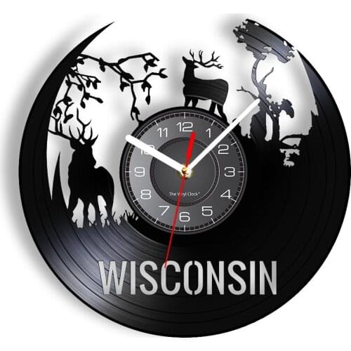 Wisconsin Natural Landscape Vinyl LP Record Wall Clock State Of America Wild Deer Animal Luminous Timepiece Retro Carved Artwork