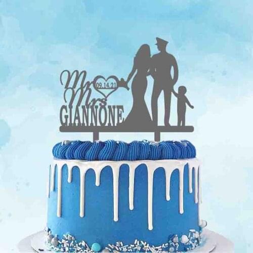 Custom Mr Mrs Name Date Military Groom Bride & Kids Cake Topper For Military Wedding Anniversary Party Cake Decoration Topper